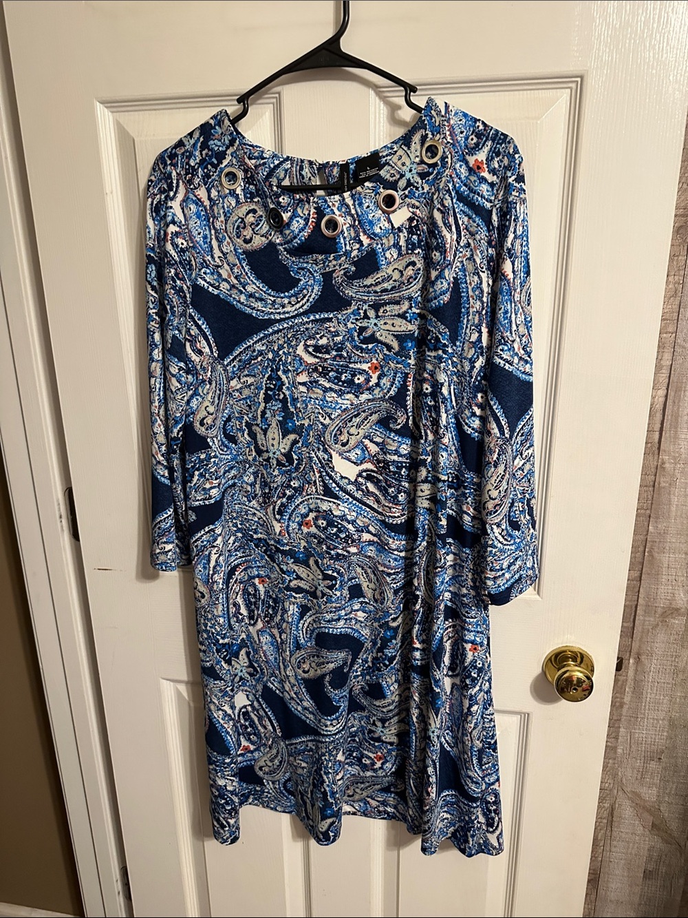 new directions Navy and White Paisley Long-Sleeve Dress with Grommet Neckline